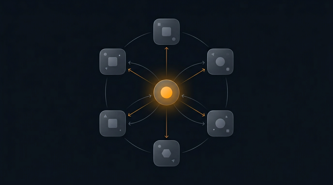 Схема: один центральный узел со связями к нескольким абстрактным площадкам на тёмном фоне с янтарным акцентом, без текста на изображении