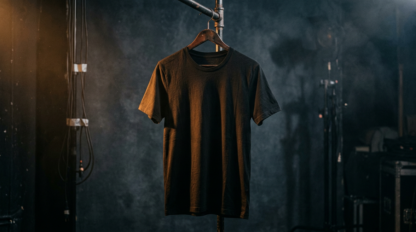 Чёрная футболка в тёплом закулисном свете — демо мерча тура